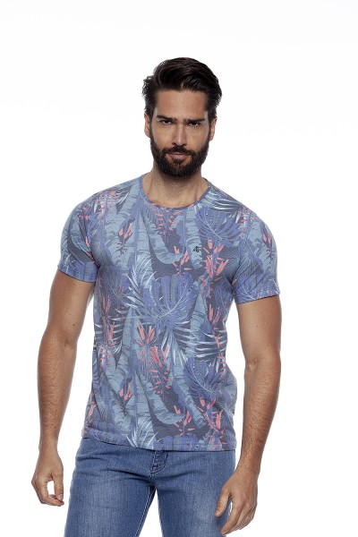 Adji Camiseta Masculina Azul Marinho Floral Manga Curta